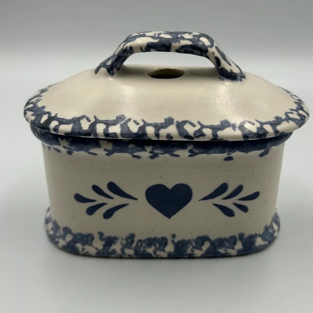 Blue Spongeware Heart Pottery Butter Dish Lid Farmhouse Stoneware Trinket Box